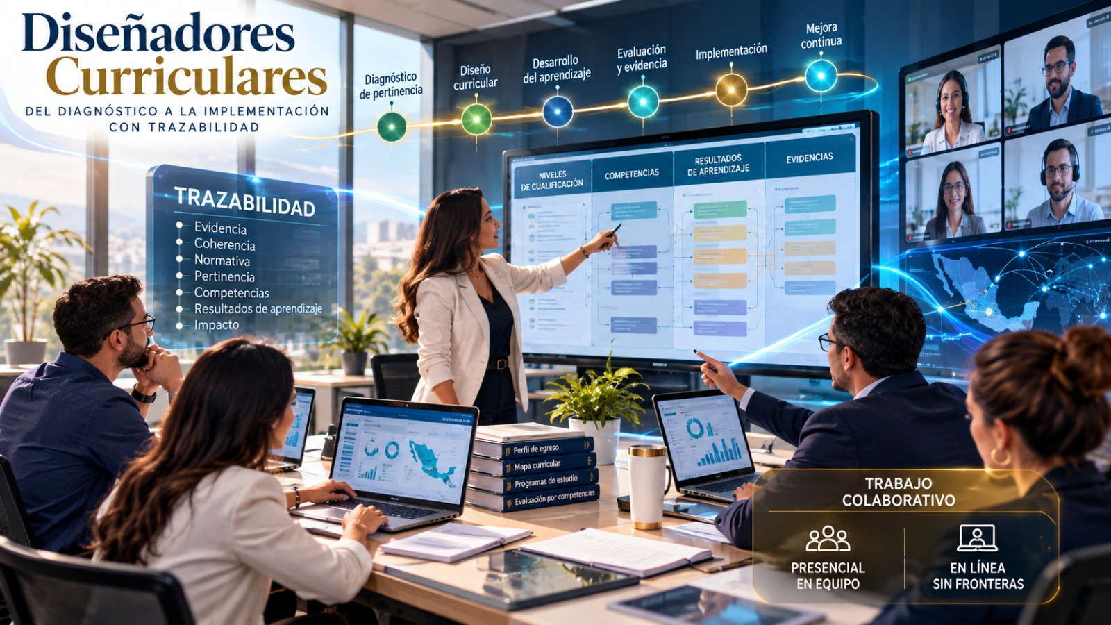Diseñadores curriculares trabajando en equipo, de forma presencial y en línea, sobre pertinencia y trazabilidad curricular.
